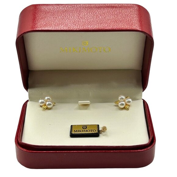 Mikimoto 18k Yellow Gold 4-4.5mm Akoya Cultured 3-Pearl Stud Earrings PES-74K - Picture 2 of 4